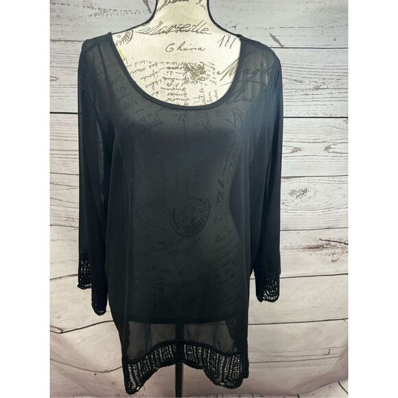 Fashion to Figure Tops - Fashion to Figure 3X black sheer blouse with lace pattern trim around blouse NWT